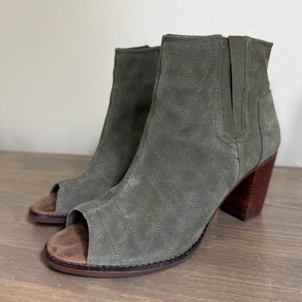 Toms Womens‎ 10 Olive Green Majorca Peep Toe Suede Ankle Booties Heels